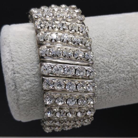 Vintage 1950s Clear Rhinestone Expansion Bracelet, 5 Rows Silver Tone - Picture 1 of 10